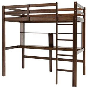 giantex twin loft bed, wooden bed frame with desk and bookshelf, loft bed for kids teens, no box spring needed, brown