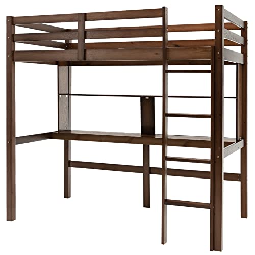 Giantex Twin Loft Bed, Wooden Bed Frame with Desk and Bookshelf, Loft Bed for Kids Teens, No Box Spring Needed, Brown