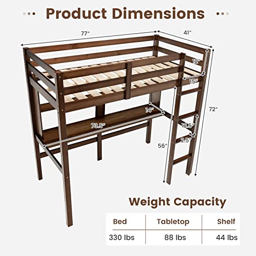 Giantex Twin Loft Bed, Wooden Bed Frame with Desk and Bookshelf, Loft Bed for Kids Teens, No Box Spring Needed, Brown