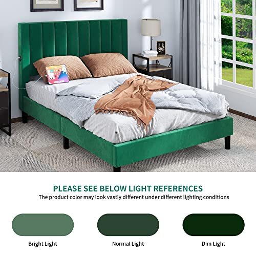 YITAHOME Queen Size Bed Frame, Green Upholstered Bed Frame with USB Ports, Vertical Channel Velvet Headboard Platform Bed Frame, No Box Spring Needed, Easy Assembly