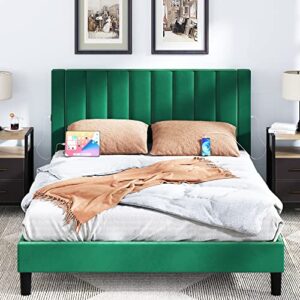 YITAHOME Queen Size Bed Frame, Green Upholstered Bed Frame with USB Ports, Vertical Channel Velvet Headboard Platform Bed Frame, No Box Spring Needed, Easy Assembly