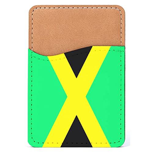 DistinctInk Adhesive Phone Wallet / Card Holder – Universal Vegan Leather Credit Card ID Adhesive Sleeve, Travel Light with Essential Items - Jamaica Flag Black Green Yellow