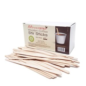makerstep 500 wooden coffee stirrers 5.5 inch with storage box, sturdy natural birch wood coffee stir sticks. eco-friendly, splinter free, round ends. bpa free swizzle drinks sticks
