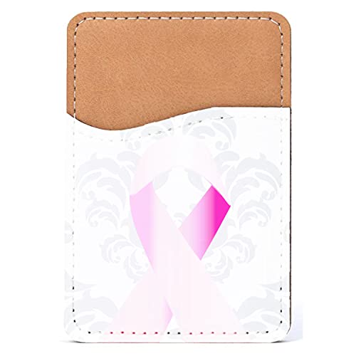 DistinctInk Adhesive Phone Wallet / Card Holder – Universal Vegan Leather Credit Card ID Adhesive Sleeve, Travel Light with Essential Items - Grey Damask Pink Ribbon