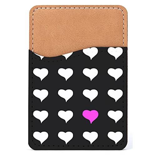 DistinctInk Adhesive Phone Wallet / Card Holder – Universal Vegan Leather Credit Card ID Adhesive Sleeve, Travel Light with Essential Items - Pink White Black Repeating Hearts