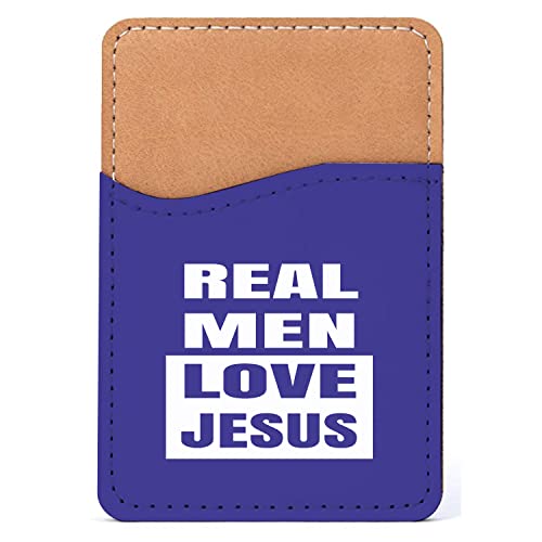 DistinctInk Adhesive Phone Wallet / Card Holder – Universal Vegan Leather Credit Card ID Adhesive Sleeve, Travel Light with Essential Items - Navy Real Men Love Jesus