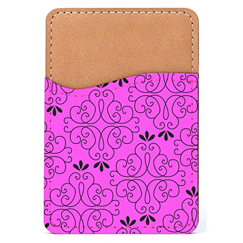 DistinctInk Adhesive Phone Wallet / Card Holder – Universal Vegan Leather Credit Card ID Adhesive Sleeve, Travel Light with Essential Items - Neon Pink Black Floral Pattern