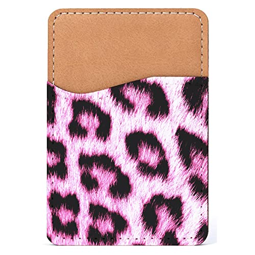 DistinctInk Adhesive Phone Wallet / Card Holder – Universal Vegan Leather Credit Card ID Adhesive Sleeve, Travel Light with Essential Items - Pink Black Leopard Fur Skin Print