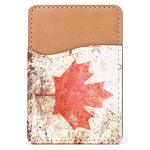 DistinctInk Adhesive Phone Wallet / Card Holder – Universal Vegan Leather Credit Card ID Adhesive Sleeve, Travel Light with Essential Items - Canadian Flag Old Weathered