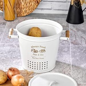 Potato Onion Kitchen Metal Storage Containers, Potatoes Onion Bin Caddy, Storage Jars with Aerating Tin Storage Holes and Metal Lid (White)