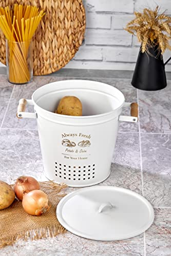 Potato Onion Kitchen Metal Storage Containers, Potatoes Onion Bin Caddy, Storage Jars with Aerating Tin Storage Holes and Metal Lid (White)