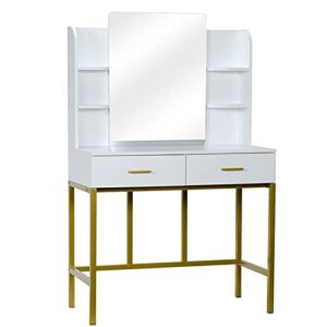 irdfwh 90 x 45 x 78-143.5dressers dressing table fch desktop with shelf 2 drawers with stool steel frame dressing table white