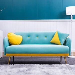 betoko tufted velvet loveseat sofa stylish color block love seats couches cute cotton candy loveseat sofas for living room bedroom with golden metal legs and side pockets (light blue)