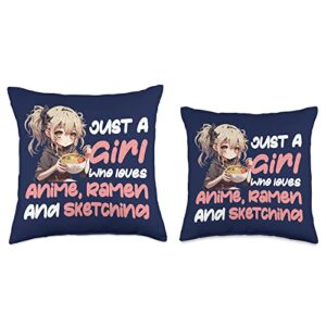 Girl Loves Anime& Ramen Manga Otaku Japan Kawaii Just Loves Anime Ramen and Sketching Teen Girl Throw Pillow, 18x18, Multicolor