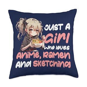 girl loves anime& ramen manga otaku japan kawaii just loves anime ramen and sketching teen girl throw pillow, 18x18, multicolor