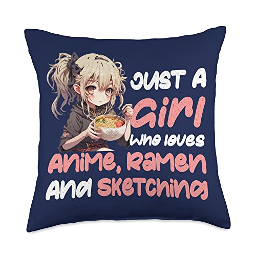 Girl Loves Anime& Ramen Manga Otaku Japan Kawaii Just Loves Anime Ramen and Sketching Teen Girl Throw Pillow, 18x18, Multicolor