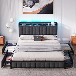 BTHFST LED Bed Frame Queen Size with Storage Drawers, Upholstered Metal Platform Bed Frame with USB Ports & Charging Outlets, No Squeak, Verticle Channel Tufted Headboard & Footboard, Dark Gray