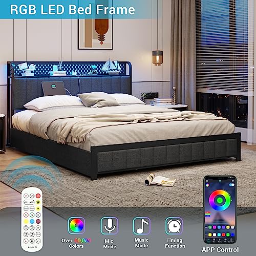 BTHFST LED Bed Frame Queen Size with Storage Drawers, Upholstered Metal Platform Bed Frame with USB Ports & Charging Outlets, No Squeak, Verticle Channel Tufted Headboard & Footboard, Dark Gray