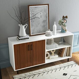 Giantex Buffet Sideboard, Modern Storage Cabinet with 2 Doors and Open Shelves, 58” Kitchen Cupboard with Metal Legs, Coffee Bar Cabinet for Kitchen, Living Room, White & Walnut