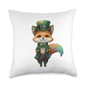 st patrick's day animals st. patricks day fox with a leprechaun hat throw pillow, 18x18, multicolor
