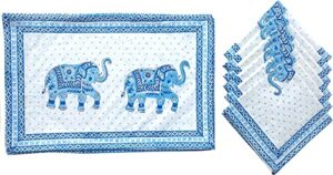 fikimos hand block 100% cotton indian style theme dining table mats and napkins set of 6 place-mats runners (blue-03)