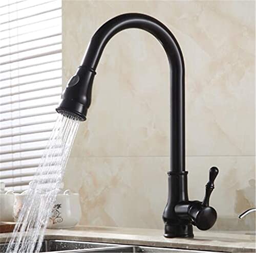 Classic Antique Brass Kitchen Faucets Pull Out Spray Head Hot Cold 360 Degree Swivel Sink Faucet Water Mixer Pull Down Mixer Taps Single Handle Retro Style/Black