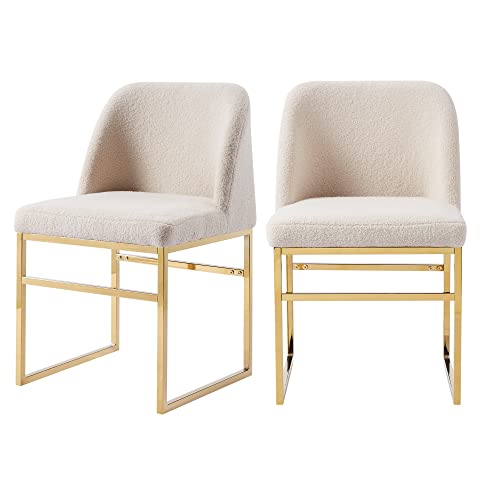 Cozy Castle Sherpa Accent Chairs Set of 2, Upholstered Living Room Side Chairs with Gold Metal Base, Fuzzy Comfy Kitchen Chairs, Beige