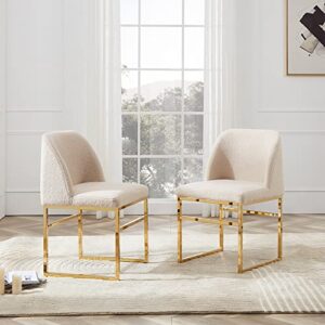 cozy castle sherpa accent chairs set of 2, upholstered living room side chairs with gold metal base, fuzzy comfy kitchen chairs, beige