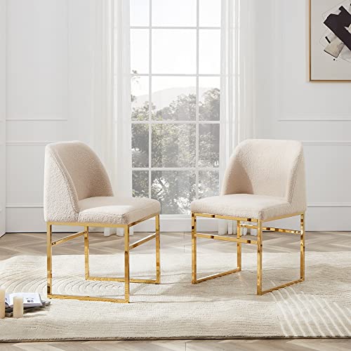 Cozy Castle Sherpa Accent Chairs Set of 2, Upholstered Living Room Side Chairs with Gold Metal Base, Fuzzy Comfy Kitchen Chairs, Beige