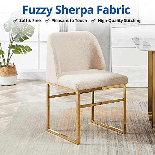 Cozy Castle Sherpa Accent Chairs Set of 2, Upholstered Living Room Side Chairs with Gold Metal Base, Fuzzy Comfy Kitchen Chairs, Beige