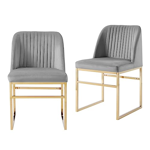 Cozy Castle Modern Dining Chair Set of 2, Upholstered Dining Room Chairs with Gold Metal Base, Classic Velvet Fabric Kitchen Chairs, Gray