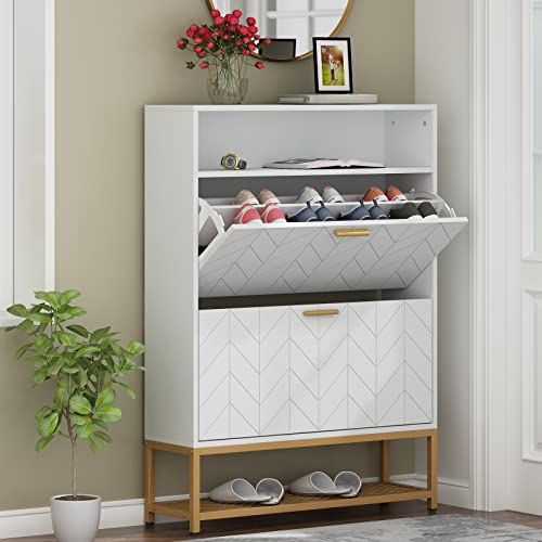 Loomie Shoe Cabinet, Free Standing Tipping Bucket Shoe Rack Organizer with 2 Flip Drawers,Entryway Narrow Shoe Storage with Storage Shelf & Top Cubby,Modern Slim Hidden Shoe Cabinet With Doors (White)