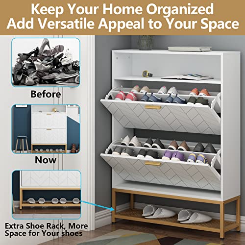 Loomie Shoe Cabinet, Free Standing Tipping Bucket Shoe Rack Organizer with 2 Flip Drawers,Entryway Narrow Shoe Storage with Storage Shelf & Top Cubby,Modern Slim Hidden Shoe Cabinet With Doors (White)