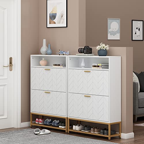 Loomie Shoe Cabinet, Free Standing Tipping Bucket Shoe Rack Organizer with 2 Flip Drawers,Entryway Narrow Shoe Storage with Storage Shelf & Top Cubby,Modern Slim Hidden Shoe Cabinet With Doors (White)