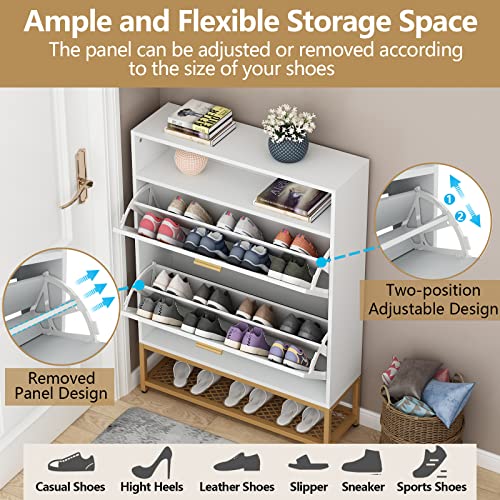 Loomie Shoe Cabinet, Free Standing Tipping Bucket Shoe Rack Organizer with 2 Flip Drawers,Entryway Narrow Shoe Storage with Storage Shelf & Top Cubby,Modern Slim Hidden Shoe Cabinet With Doors (White)