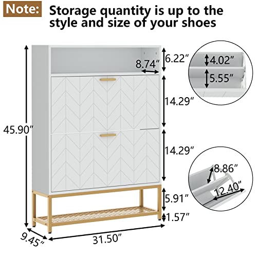 Loomie Shoe Cabinet, Free Standing Tipping Bucket Shoe Rack Organizer with 2 Flip Drawers,Entryway Narrow Shoe Storage with Storage Shelf & Top Cubby,Modern Slim Hidden Shoe Cabinet With Doors (White)