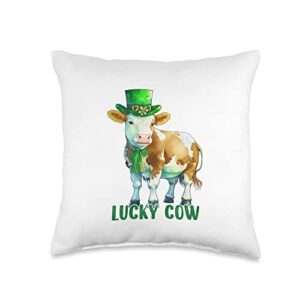 St Patrick's Day Lucky Animals Lucky St. Patricks Day Cow with a Leprechaun Hat Throw Pillow, 16x16, Multicolor