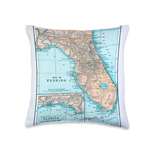 old sunshine state atlas vintage florida map (1892) throw pillow, 16x16, multicolor