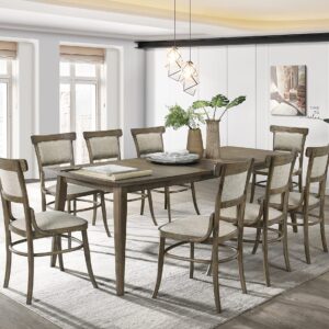 Lilola Home Bistro Vintage Walnut Dining Table with Extension Leaf and Off White Fabric Dining Chairs