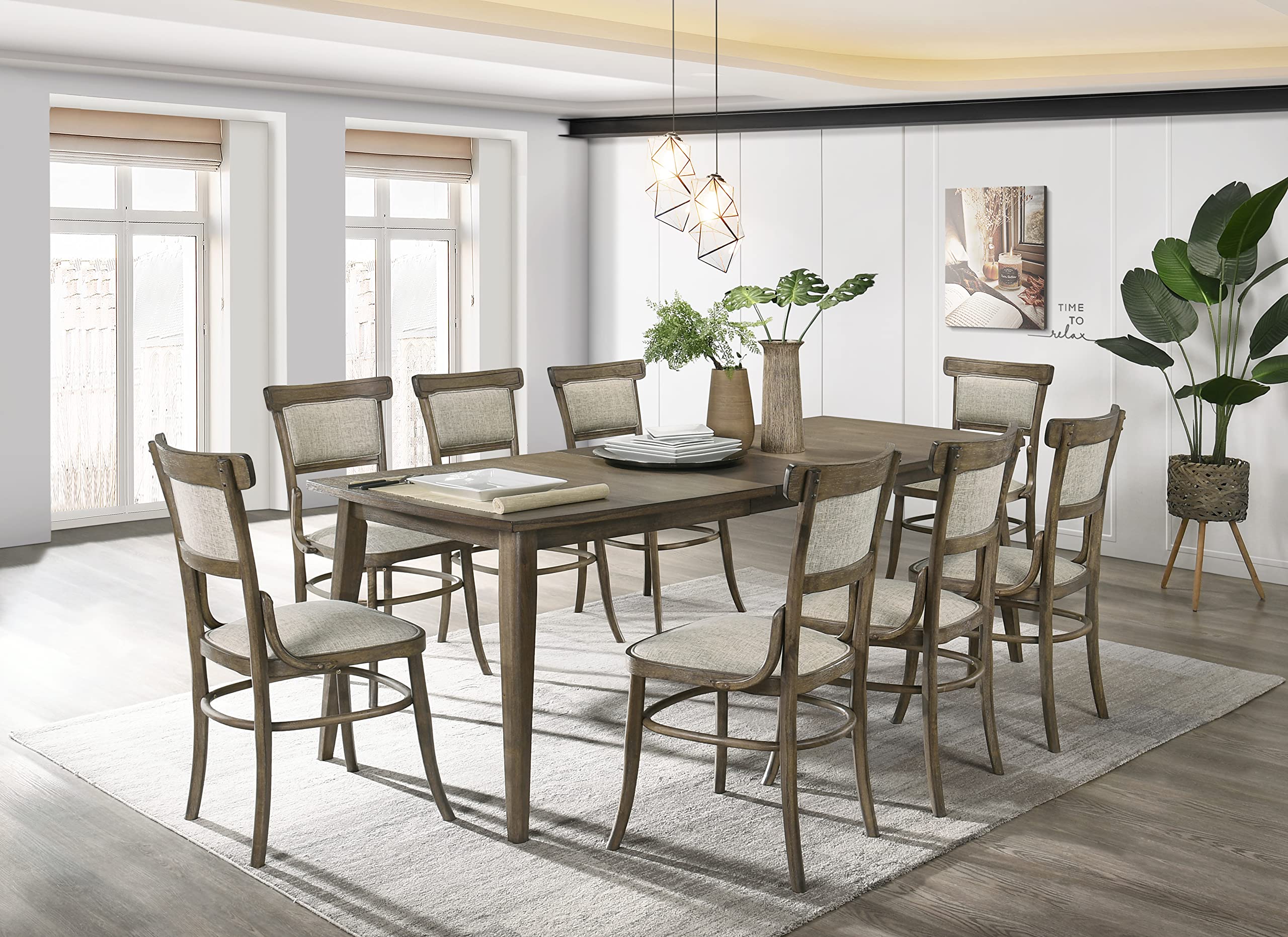 Lilola Home Bistro Vintage Walnut Dining Table with Extension Leaf and Off White Fabric Dining Chairs