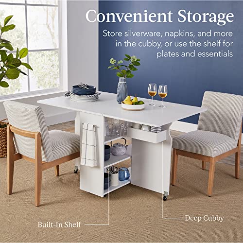 Best Choice Products Folding Dining Table, Multipurpose Collapsible Drop Leaf Extension, Versatile Space Saving Desk Furniture w/Wheels, 3 Storage Shelves, Metal Handle - White
