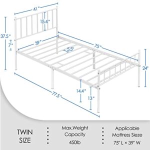 Topeakmart White Metal Twin Size Bed Frame with Headboard and Footboard, White Platform Bed Frame Twin, Heavy Duty Steel Salt Metal Bed Frame, No Box Spring Needed, Anti-Slip Metal Bed Frame, White