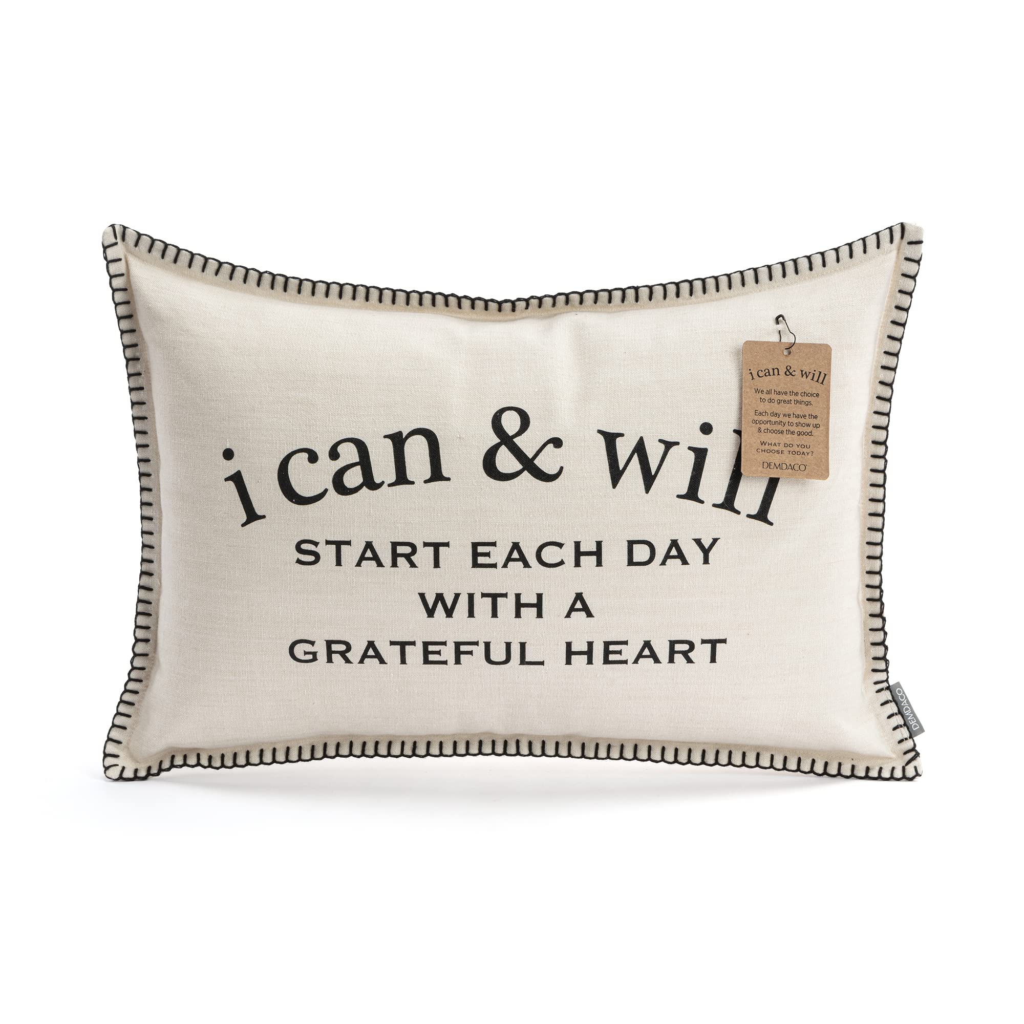 DEMDACO Can Start Each Day Grateful Heart White 18 x 12 All Cotton Polyester Fill Lumbar Throw Pillow