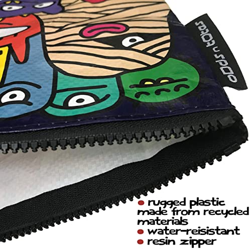 ODDS N TOTES Funny Monsters Jumbo Zipper Pouch Made from Recycled Plastic & Soft Canvas Zipper Pouch (Bundle Pack of 2)