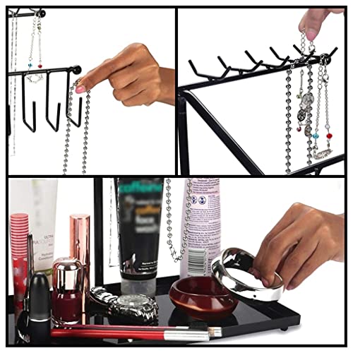 ZSEDP Jewellery Stand - Metal Display Stand With 30 Hooks And Bottom Tray Storage For Necklace, Bangles, Bracelet