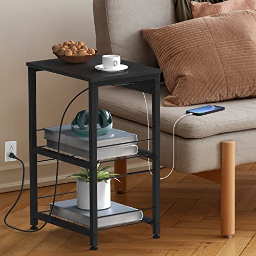 Black Nightstand with Charging Station Industrial End Side Table with USB Ports and Power Outlets 3-Tier Sofa Bedside Table with Storage Shelves and Wood Tabletop for Bedroom Living Room Modern