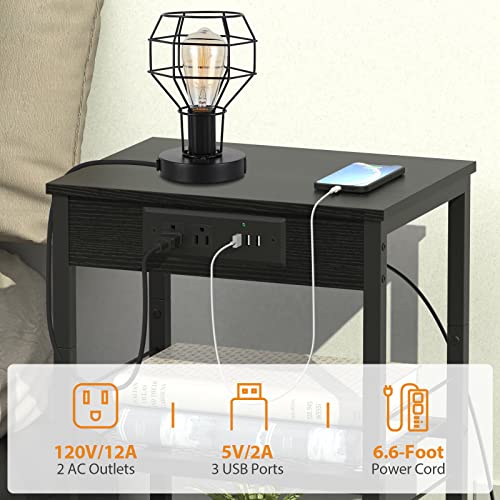 Black Nightstand with Charging Station Industrial End Side Table with USB Ports and Power Outlets 3-Tier Sofa Bedside Table with Storage Shelves and Wood Tabletop for Bedroom Living Room Modern