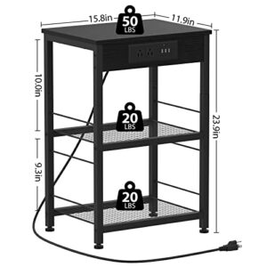 Black Nightstand with Charging Station Industrial End Side Table with USB Ports and Power Outlets 3-Tier Sofa Bedside Table with Storage Shelves and Wood Tabletop for Bedroom Living Room Modern