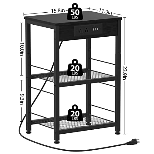 Black Nightstand with Charging Station Industrial End Side Table with USB Ports and Power Outlets 3-Tier Sofa Bedside Table with Storage Shelves and Wood Tabletop for Bedroom Living Room Modern