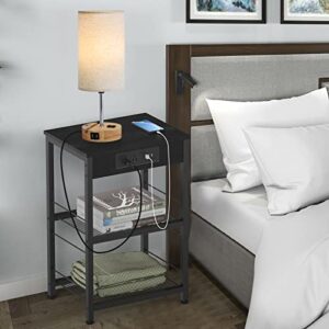 Black Nightstand with Charging Station Industrial End Side Table with USB Ports and Power Outlets 3-Tier Sofa Bedside Table with Storage Shelves and Wood Tabletop for Bedroom Living Room Modern